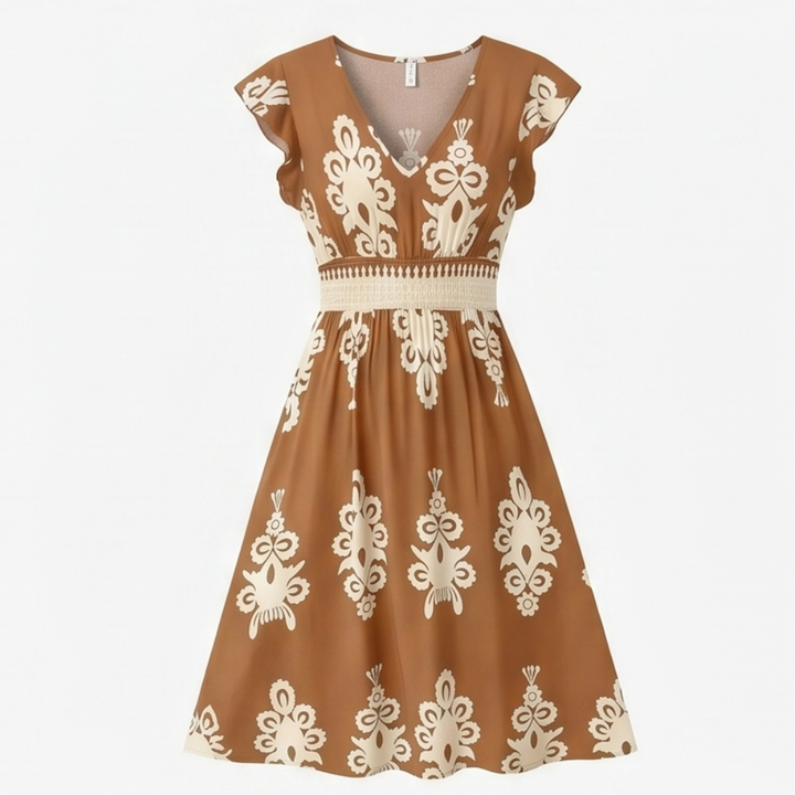 Midi Dress for Women - Damask Print V-Neck with Smocked Waist