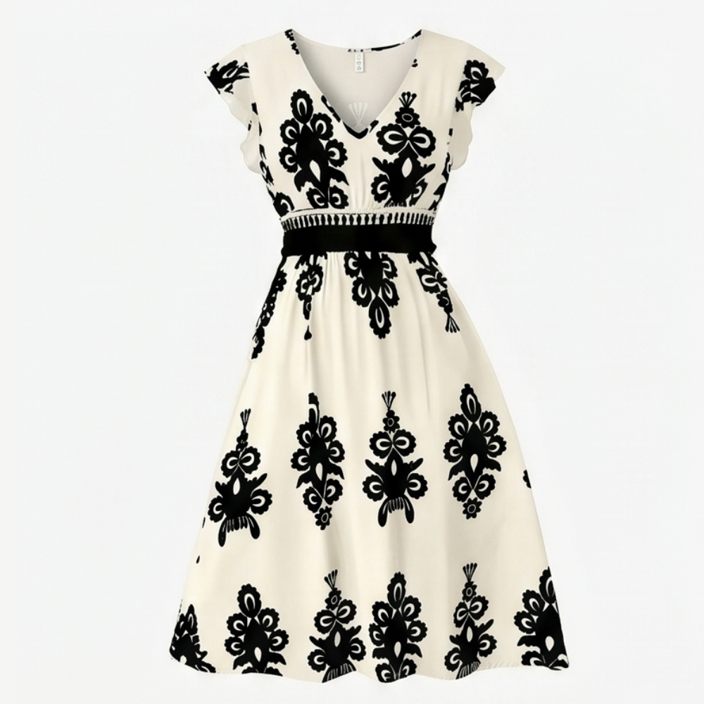 Midi Dress for Women - Damask Print V-Neck with Smocked Waist