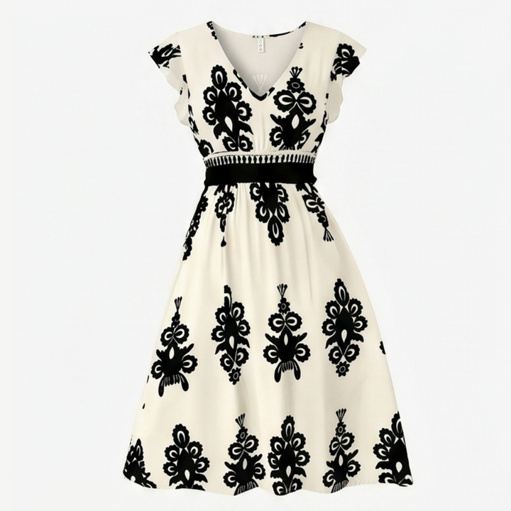 Midi Dress for Women - Damask Print V-Neck with Smocked Waist