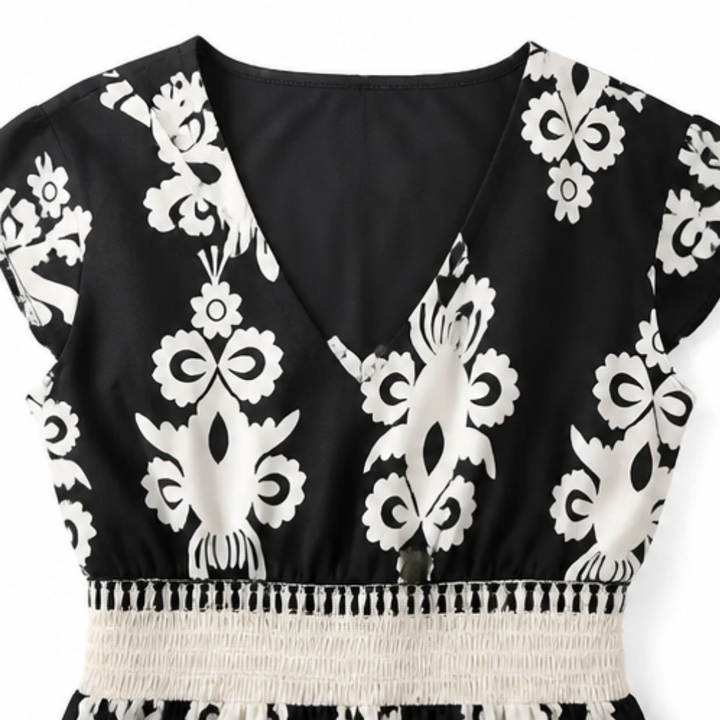 Midi Dress for Women - Damask Print V-Neck with Smocked Waist