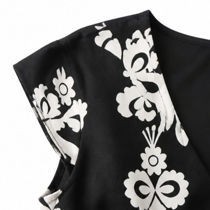 Midi Dress for Women - Damask Print V-Neck with Smocked Waist