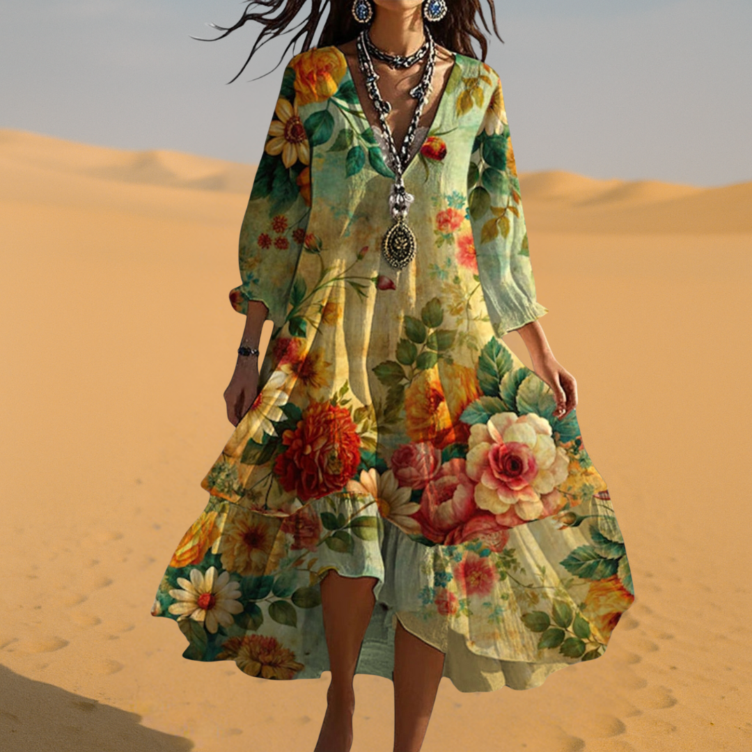 Damen Boho Kleid | Florales Midikleid mit V-Ausschnitt und 3/4-Ärmeln