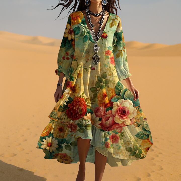 Damen Boho Kleid | Florales Midikleid mit V-Ausschnitt und 3/4-Ärmeln