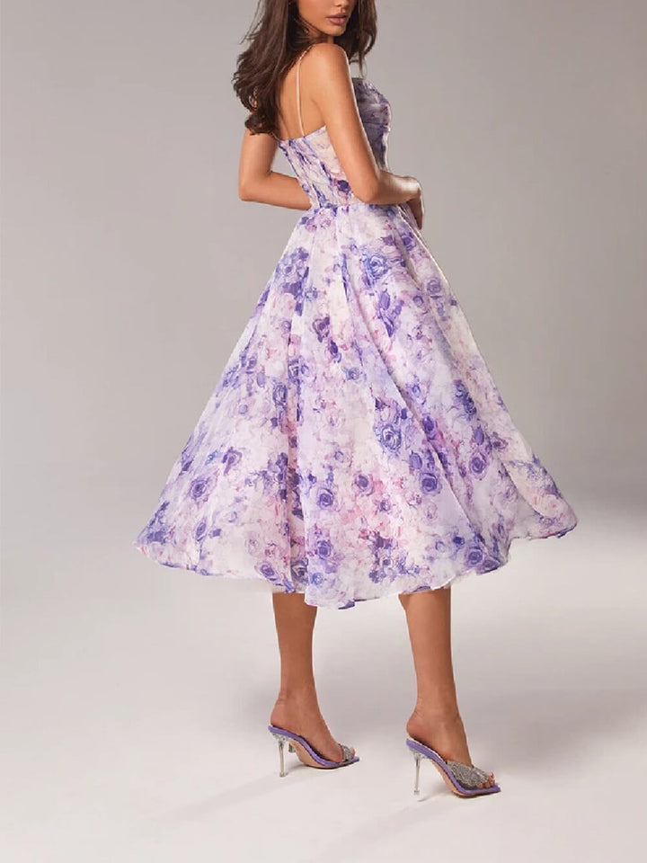 Rosie | Vestido midi de línea A para mujer con tirantes finos y estampado floral