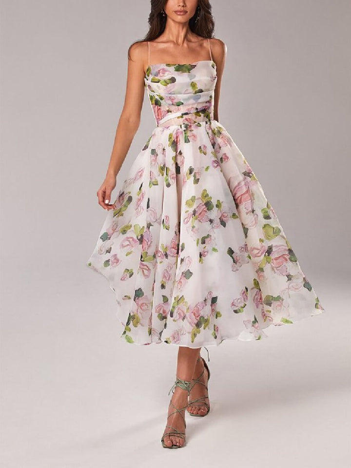 Rosie | Vestido midi de línea A para mujer con tirantes finos y estampado floral