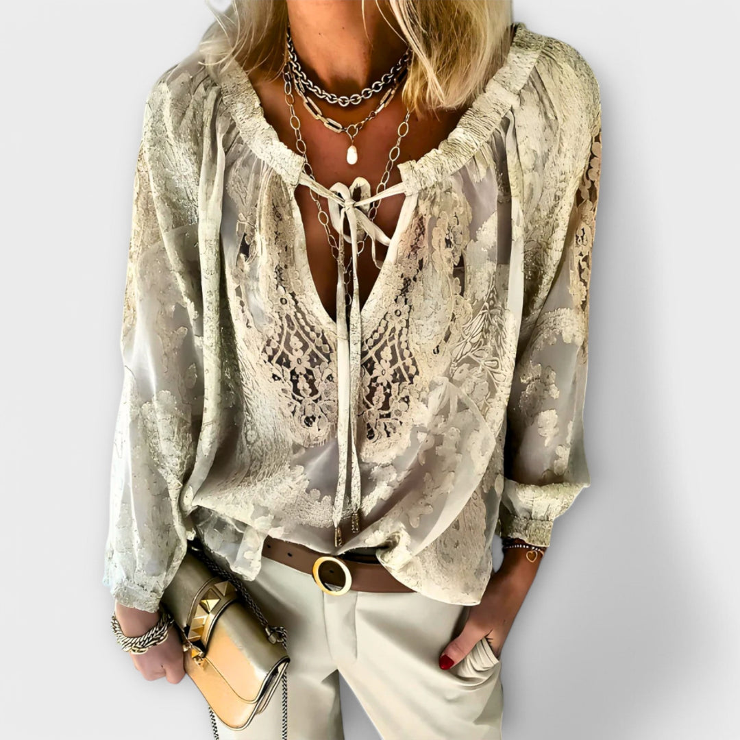 Zeleste | Blusa Feminina de Renda com Decote V e Manga Longa Estilo Boho