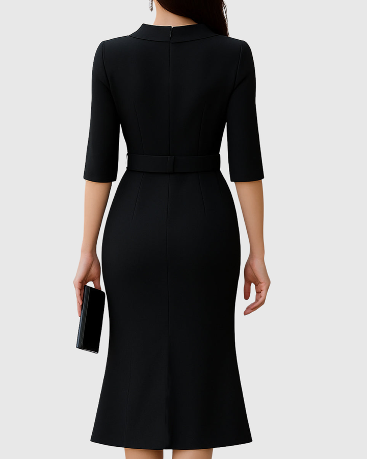 Naomi | Vestido midi para mujer con cuello alto simulado, cinturón y mangas con abertura