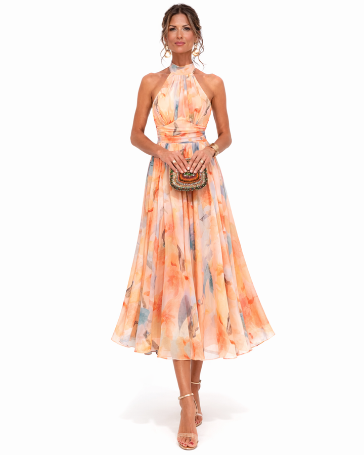Watercolor Print Halter Maxi Dress for Women