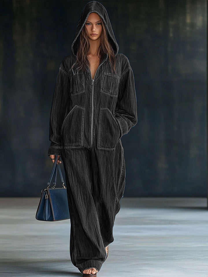 Casual Loose Retro Pocket Long Sleeve Hooded Zipper Denim Jumpsuit