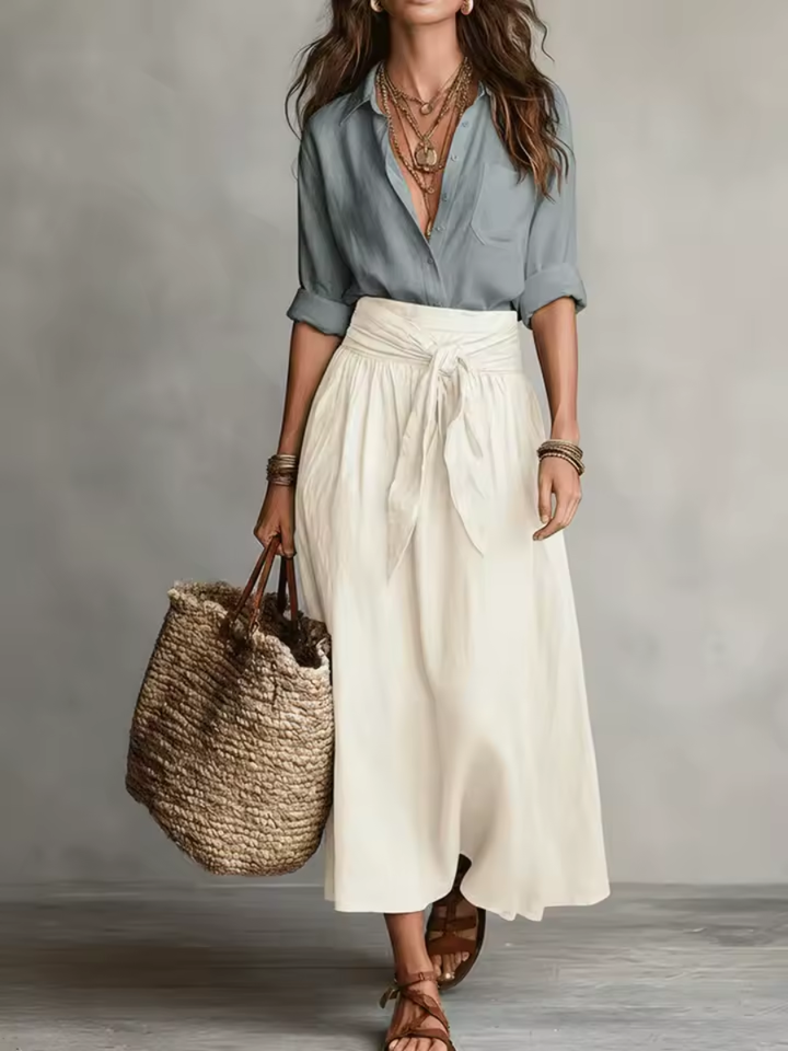 Solène™ | Conjunto de Blusa com Amarração na Cintura e Saia
