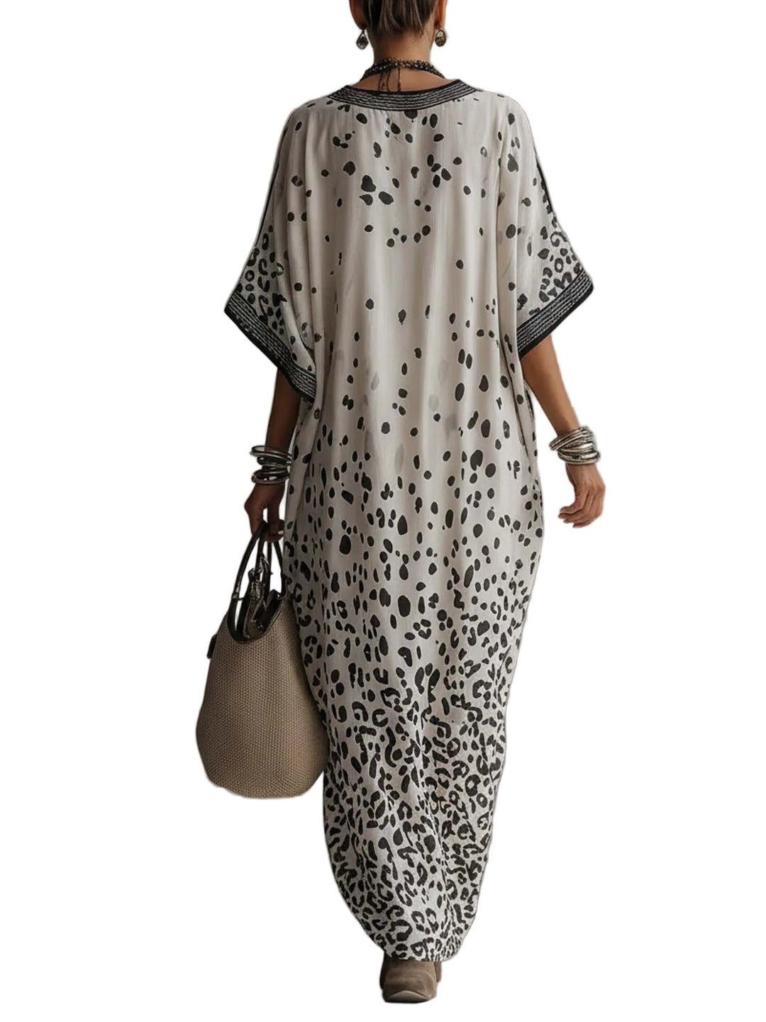 Elena – Maxikleid aus Chiffon mit hellgrauem Leopardenmuster und Farbverlauf