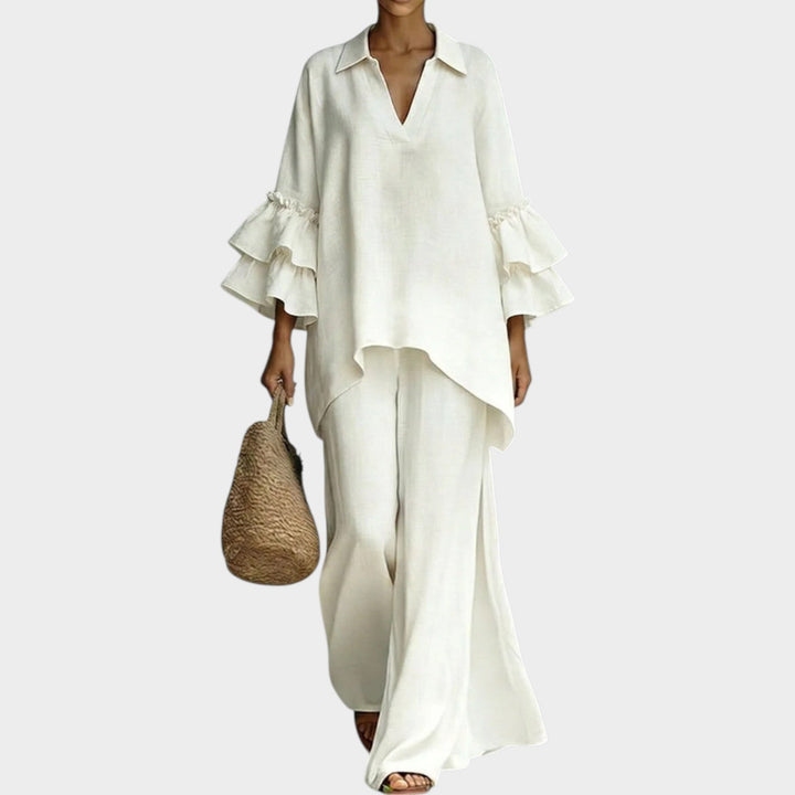 Two Piece Set for Women - Ruffled Sleeve Top and Wide Leg Pants