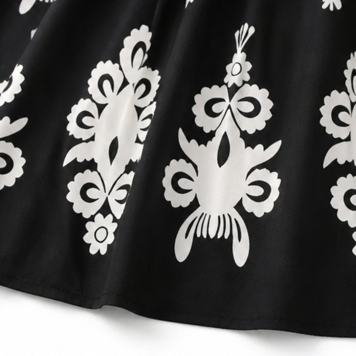 Midi Dress for Women - Damask Print V-Neck with Smocked Waist