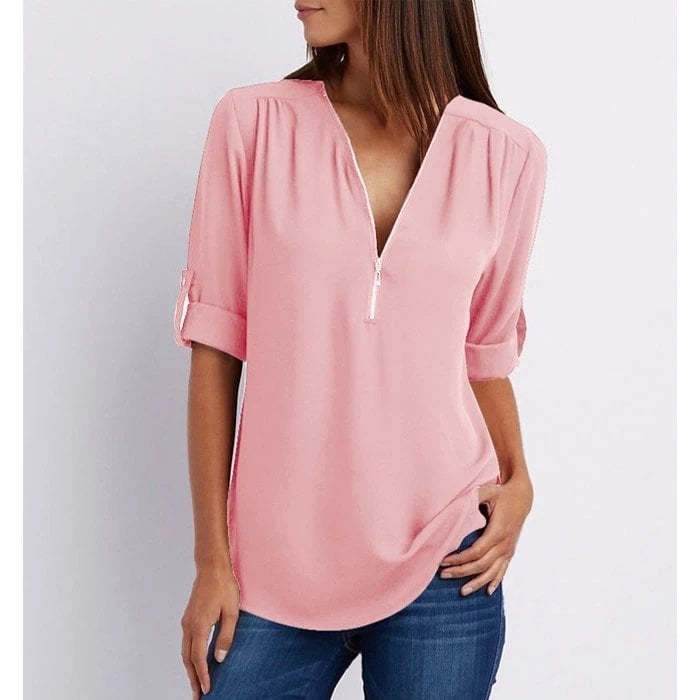 Rosé | Blusa casual para mujer con cremallera, escote en V y manga corta
