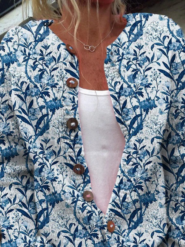 Suéter cárdigan abotonado con estampado elegante floral azul y blanco