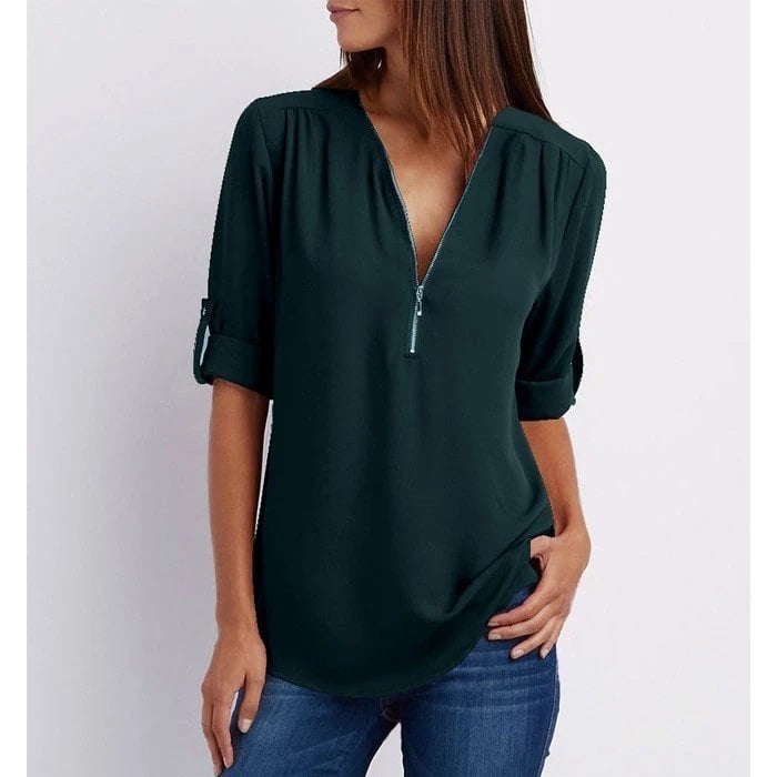 Rosé | Blusa casual para mujer con cremallera, escote en V y manga corta