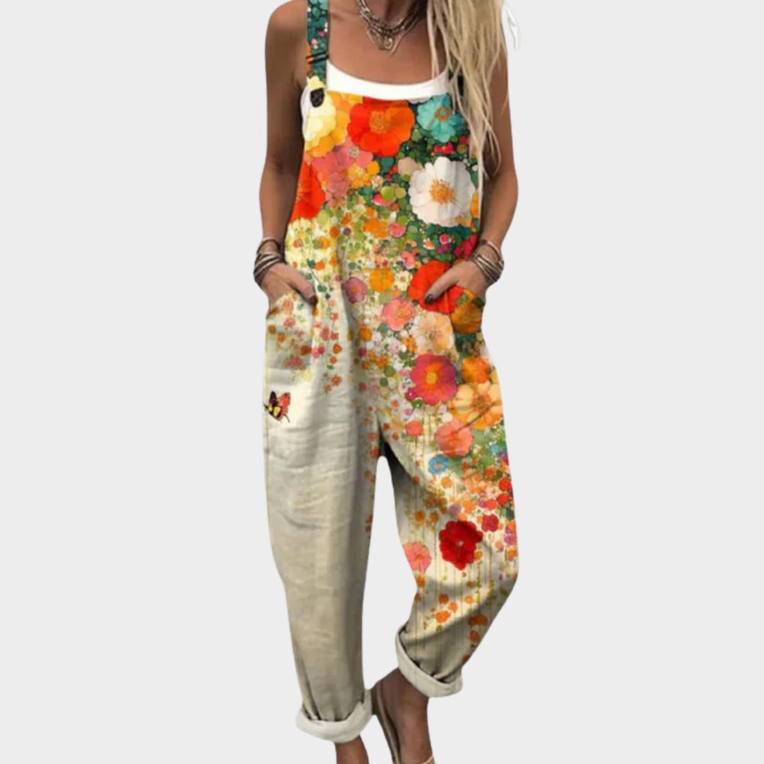Wide Leg Jumpsuit for Women - Printed Overalls with Pockets