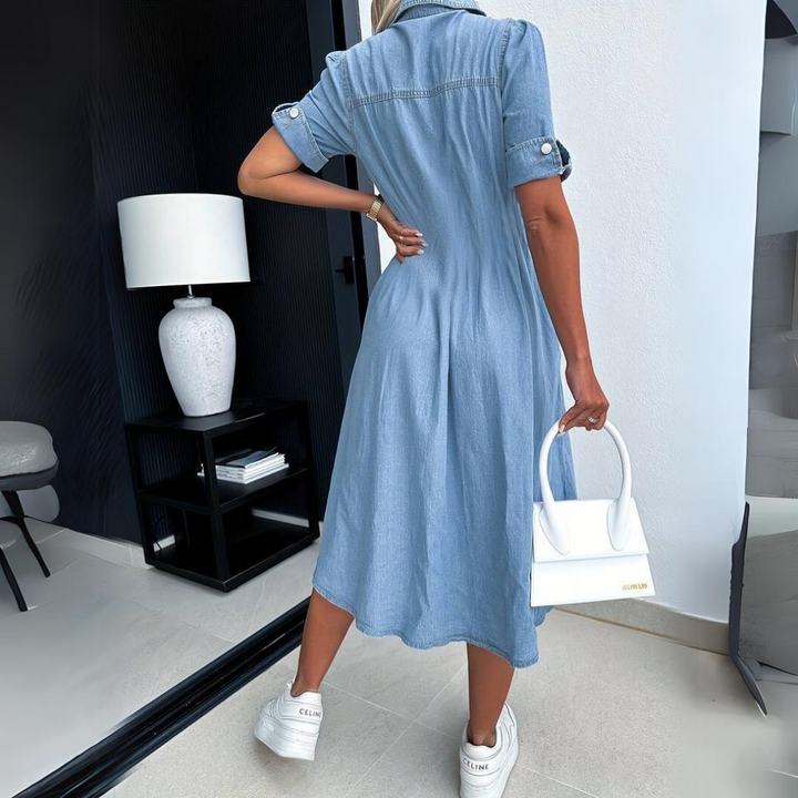 Jade | Vestido midi de mezclilla para mujer con botones y manga corta