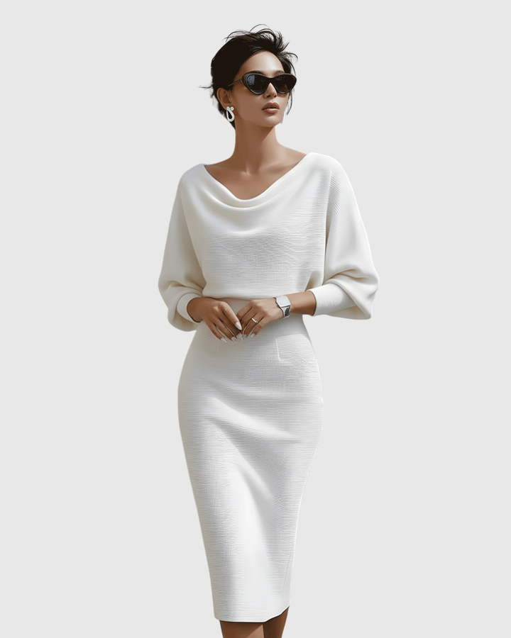 Vivienne | Vestido midi acanalado para mujer con cuello vuelto y mangas murciélago