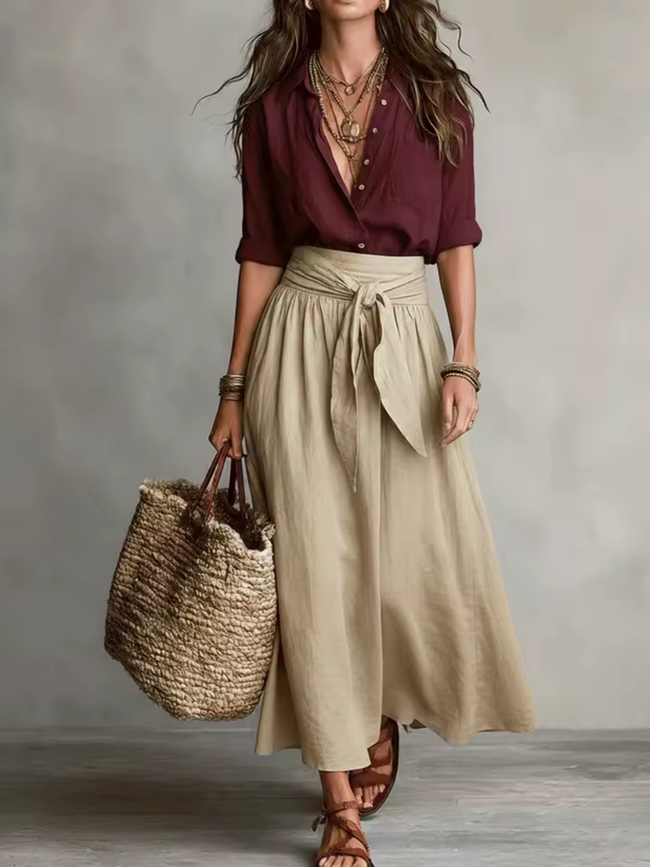 Solène™ | Conjunto de Blusa com Amarração na Cintura e Saia