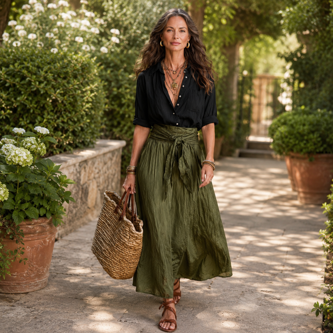 Solène™ | Conjunto de Blusa com Amarração na Cintura e Saia