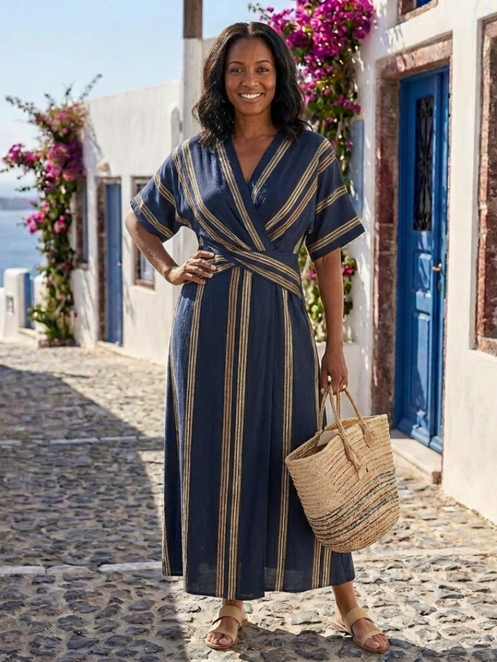 Saphira | Vestido midi cruzado a rayas con escote en V y mangas cortas