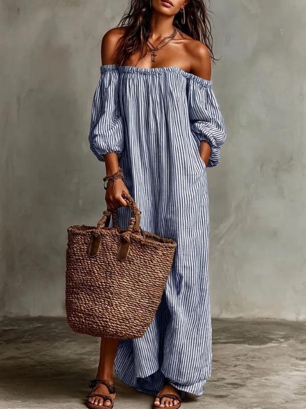 Off Shoulder Maxi Dress - Cotton Linen Summer Vacation Dress