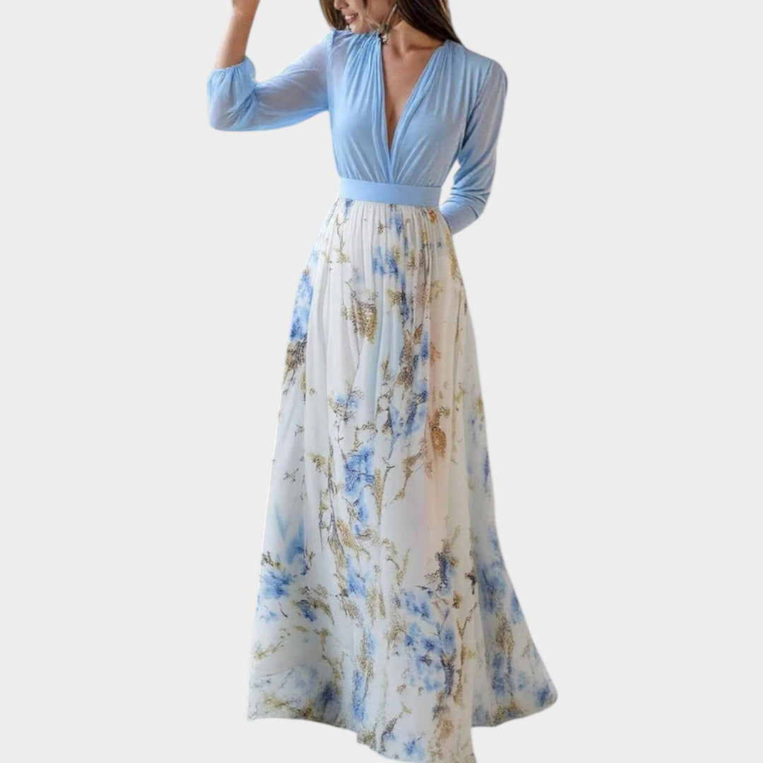Floral Maxi Dress for Women - Elegant Chiffon V-Neck Gown