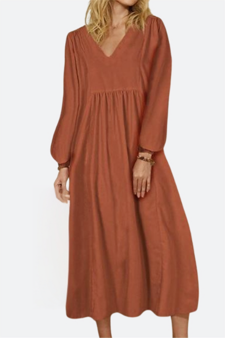 Autunno | Vestito midi da donna con scollo a V, vita arricciata e maniche a palloncino
