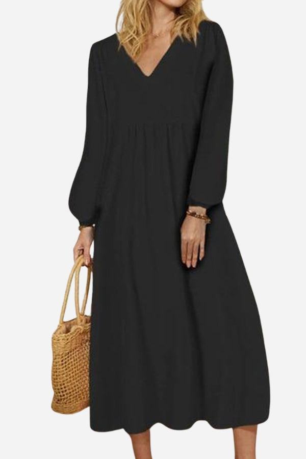 Autunno | Vestito midi da donna con scollo a V, vita arricciata e maniche a palloncino
