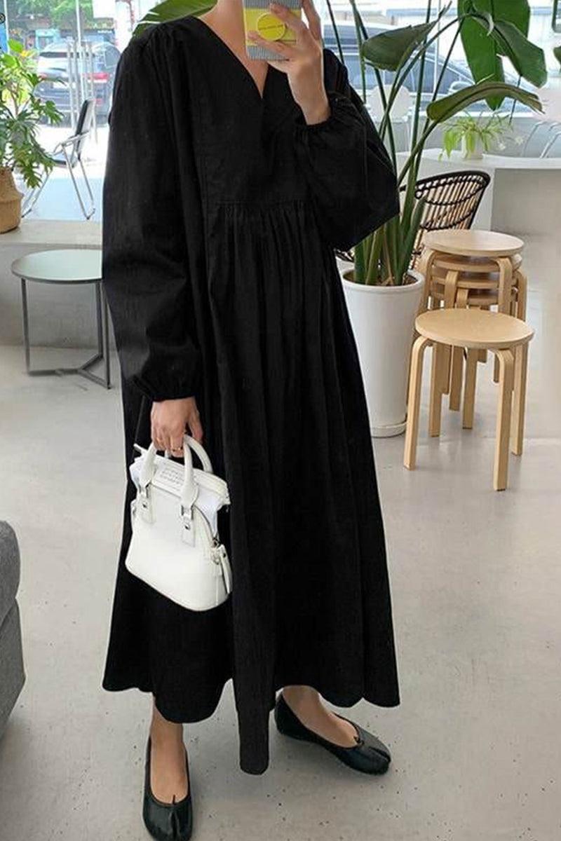 Autunno | Vestito midi da donna con scollo a V, vita arricciata e maniche a palloncino
