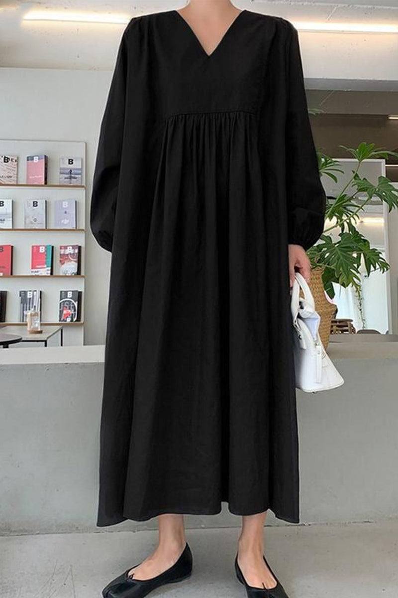Autunno | Vestito midi da donna con scollo a V, vita arricciata e maniche a palloncino