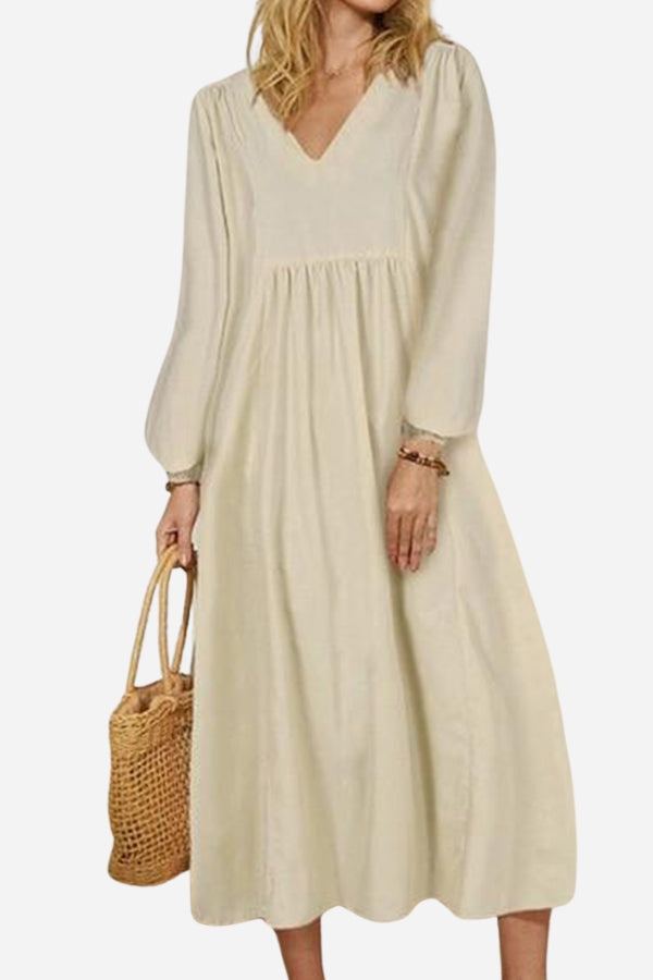 Autunno | Vestito midi da donna con scollo a V, vita arricciata e maniche a palloncino
