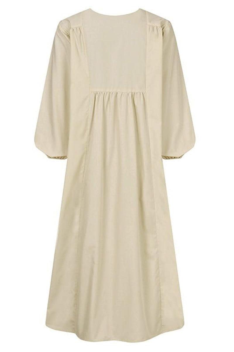 Autunno | Vestito midi da donna con scollo a V, vita arricciata e maniche a palloncino