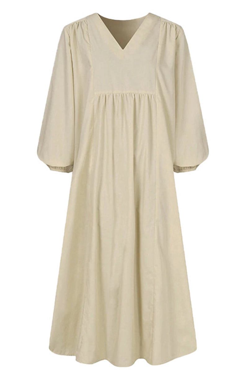 Autunno | Vestito midi da donna con scollo a V, vita arricciata e maniche a palloncino