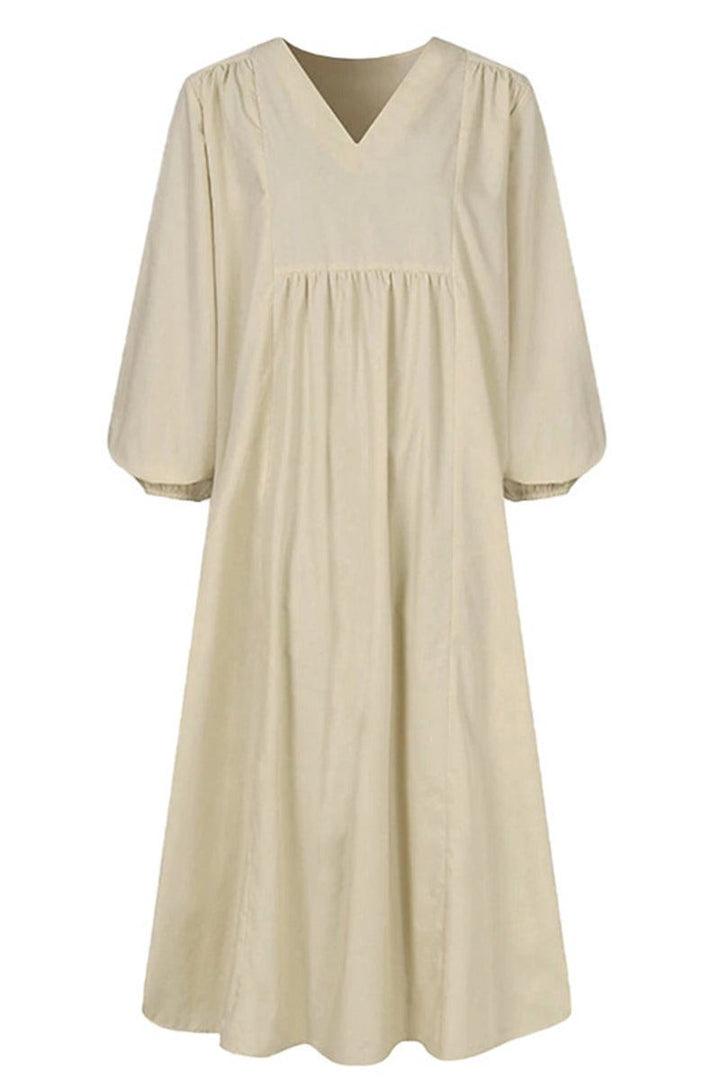 Autunno | Vestito midi da donna con scollo a V, vita arricciata e maniche a palloncino