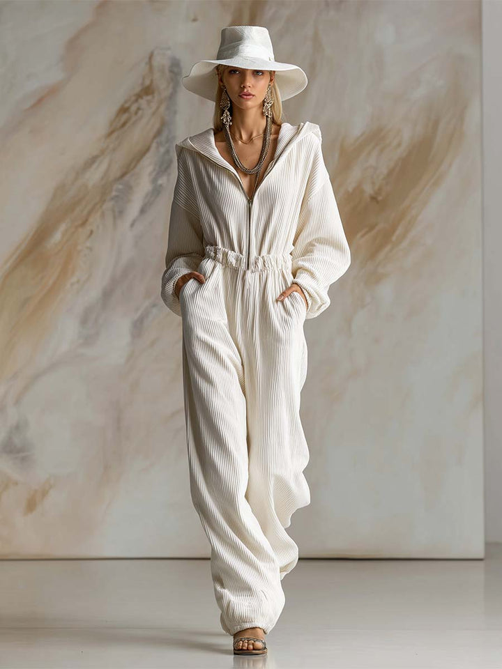 Mono casual holgado de pana blanca con capucha, cremallera frontal y manga larga, a la moda