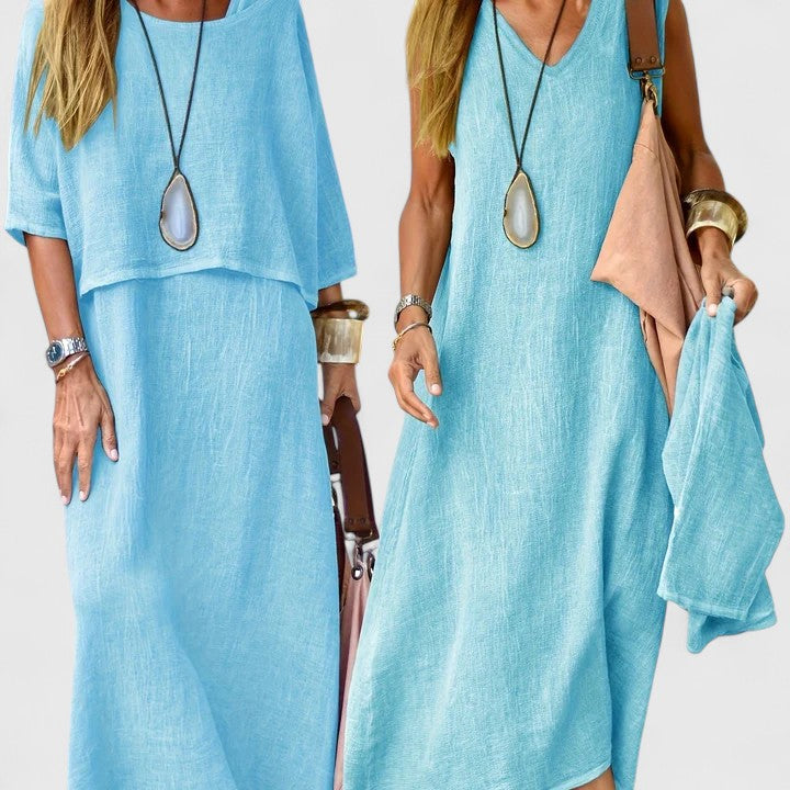 Lea | Conjunto Feminino de Duas Peças Vestido Longo e Blusa de Manga Curta