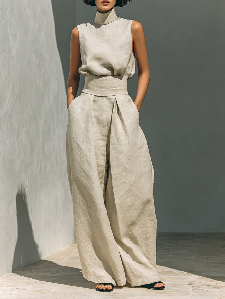 Women's Sleeveless Blouse and Wide-Leg Pants Set