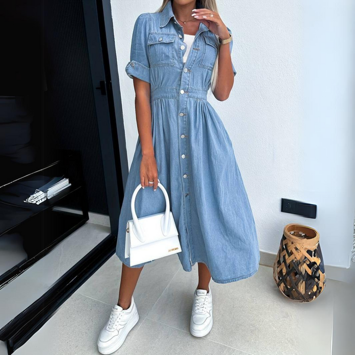 Jade | Vestido midi de mezclilla para mujer con botones y manga corta