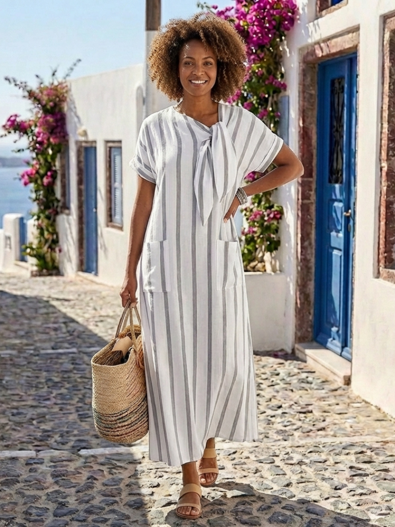 Elaris | Vestido midi a rayas con manga corta, cuello con lazo y bolsillo