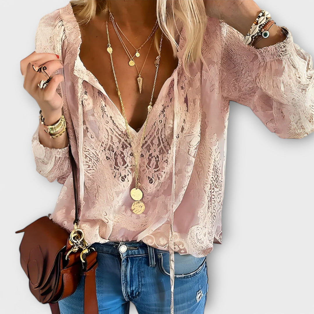Zeleste | Blusa Feminina de Renda com Decote V e Manga Longa Estilo Boho