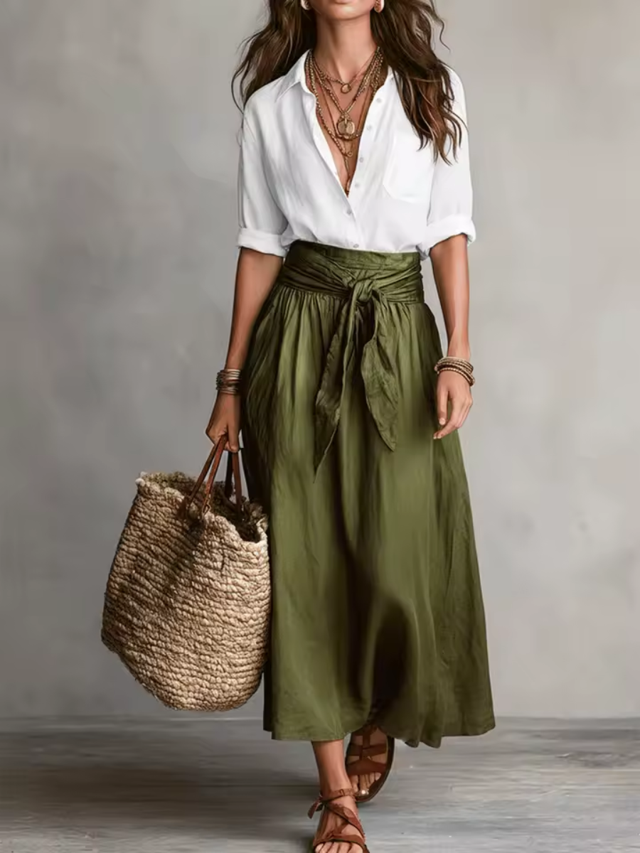 Solène™ | Conjunto de Blusa com Amarração na Cintura e Saia