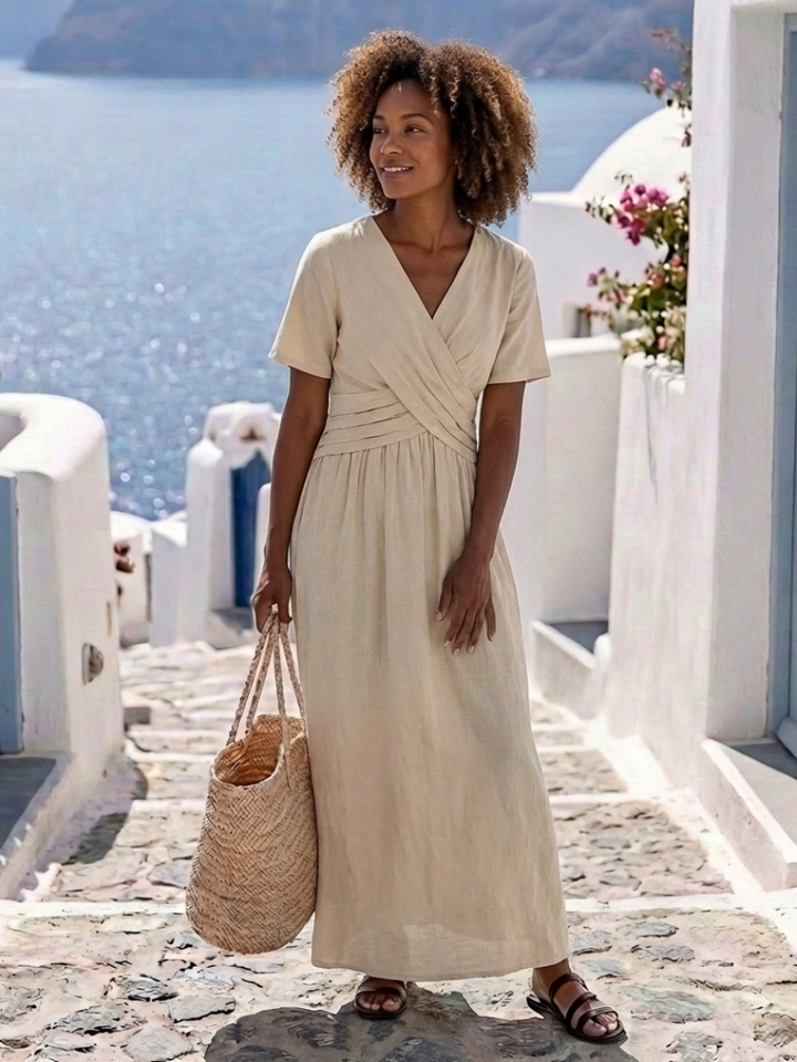 Alvara | Vestido midi cruzado con escote en V, manga corta y cintura ajustada