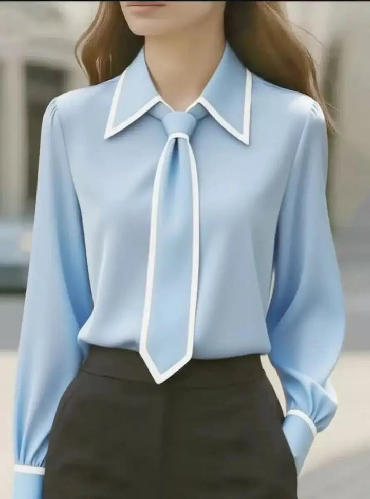 Vivian | Blusa de manga larga para mujer con lazo en el cuello y cuello en contraste