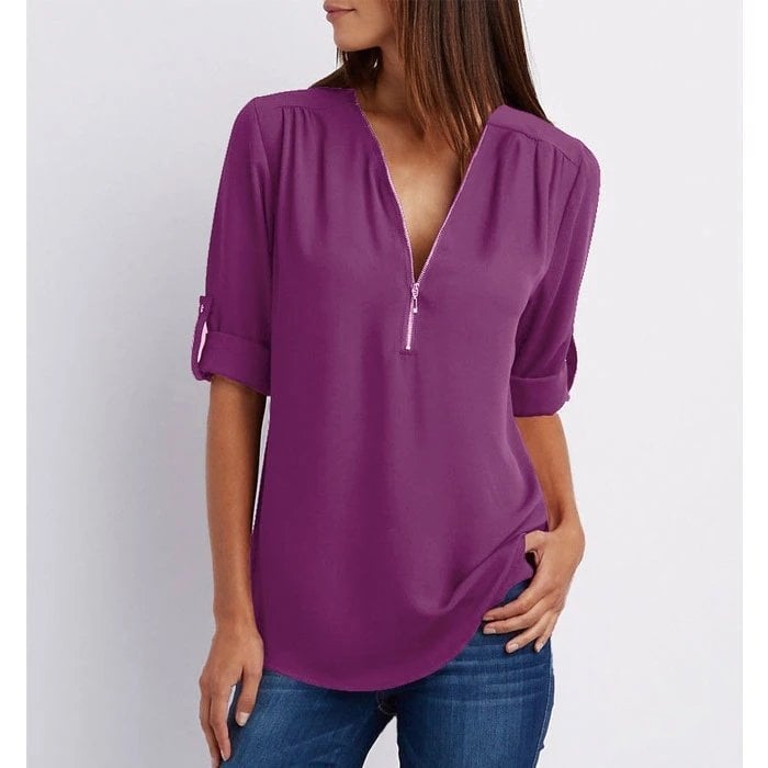 Rosé | Blusa casual para mujer con cremallera, escote en V y manga corta