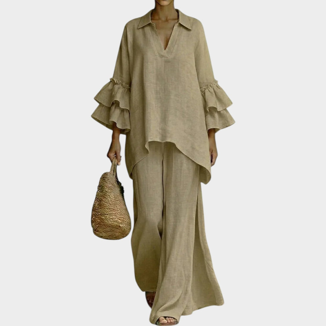 Two Piece Set for Women - Ruffled Sleeve Top and Wide Leg Pants