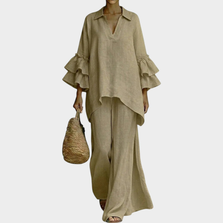 Two Piece Set for Women - Ruffled Sleeve Top and Wide Leg Pants