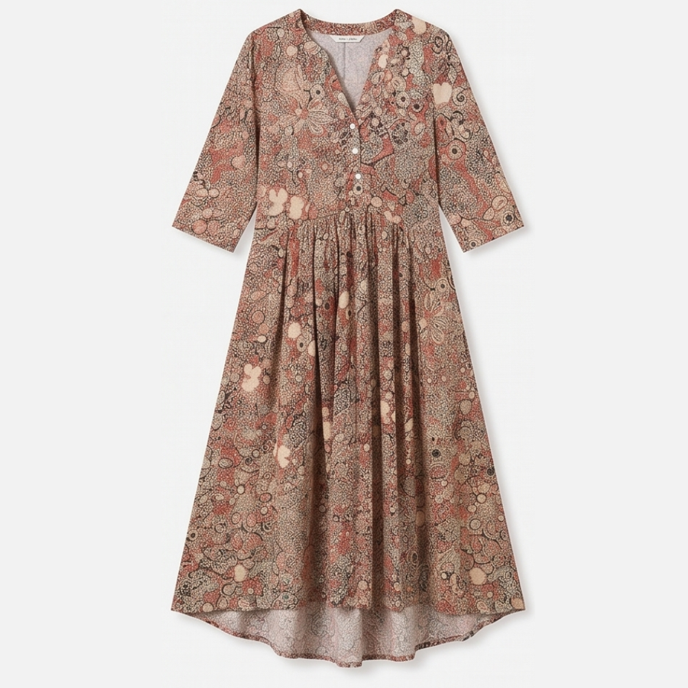 Floral Midi Dress with Pockets - V-Neck A-Line Silhouette