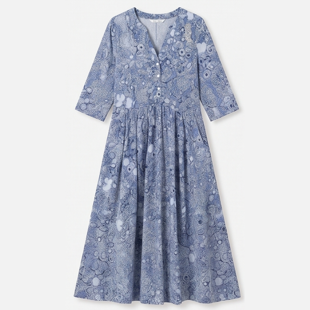 Floral Midi Dress with Pockets - V-Neck A-Line Silhouette